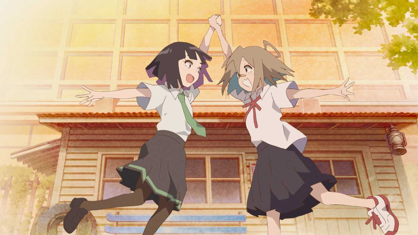 Two schoolchildren look elated while high fiving and holding hands in Do It Yourself!