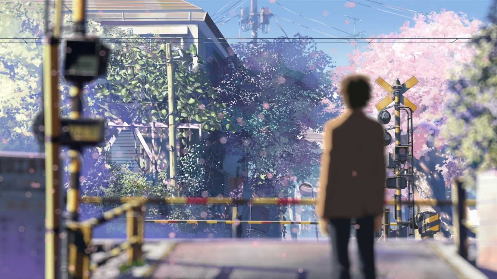 A man stars at the cherry blossoms while standing at a train station in 5 Centimeters Per Second