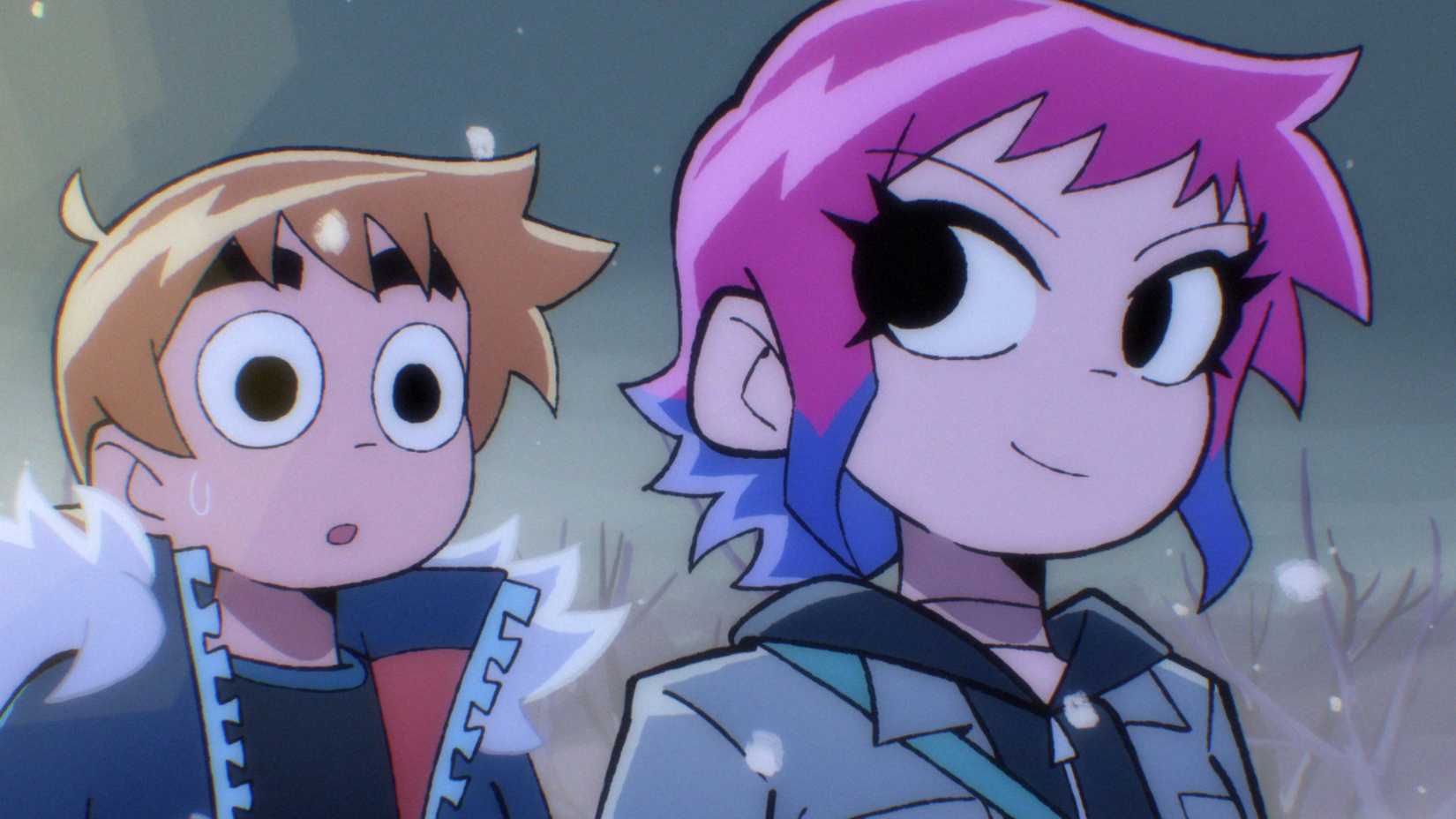 A blonde haired man looks nervous around a beautiful girl with dual toned hair in Scott Pilgrim Takes Off