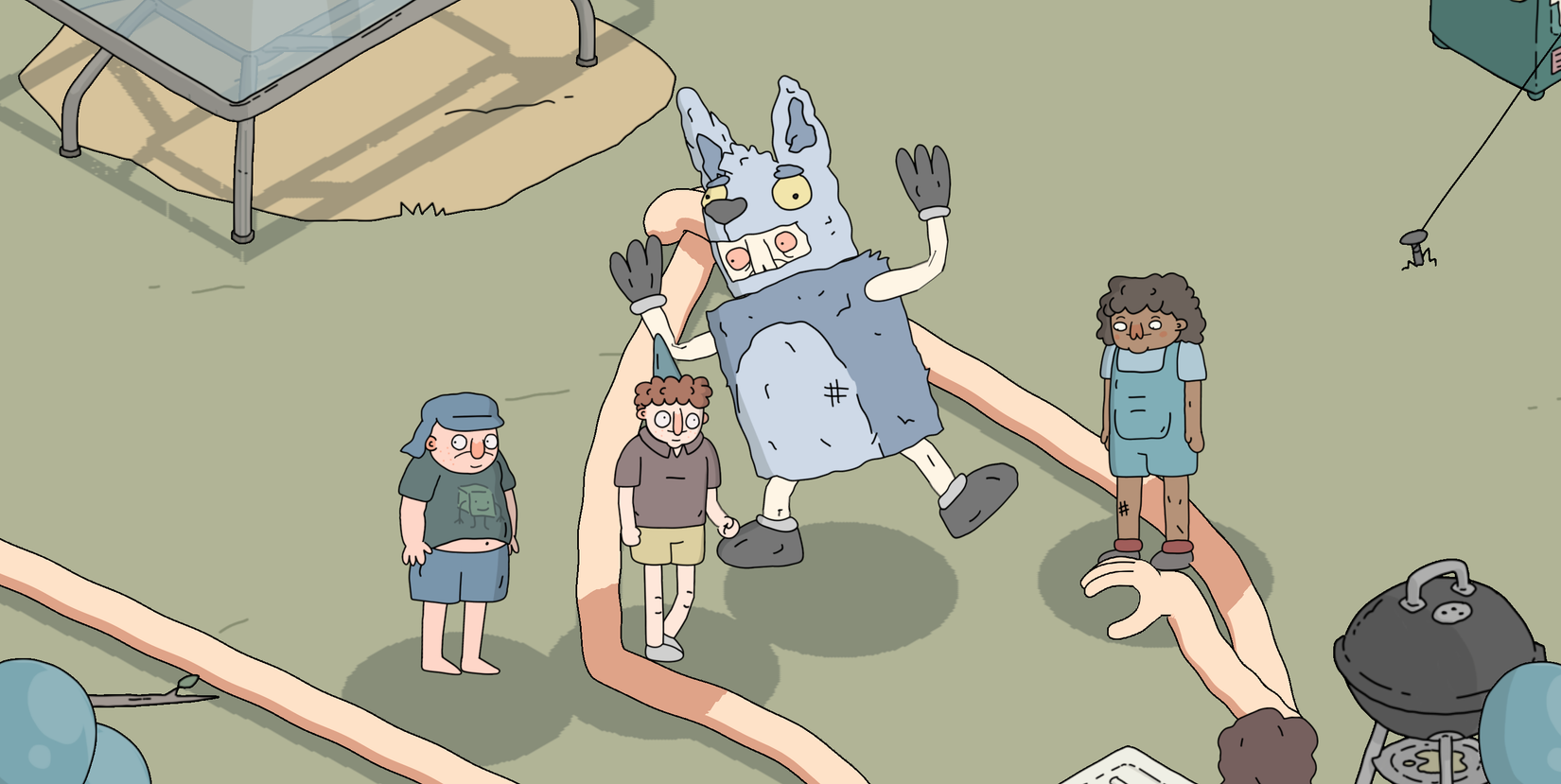 An arm lays around various kids and a dingo mascot in My Arms Are Longer Now.