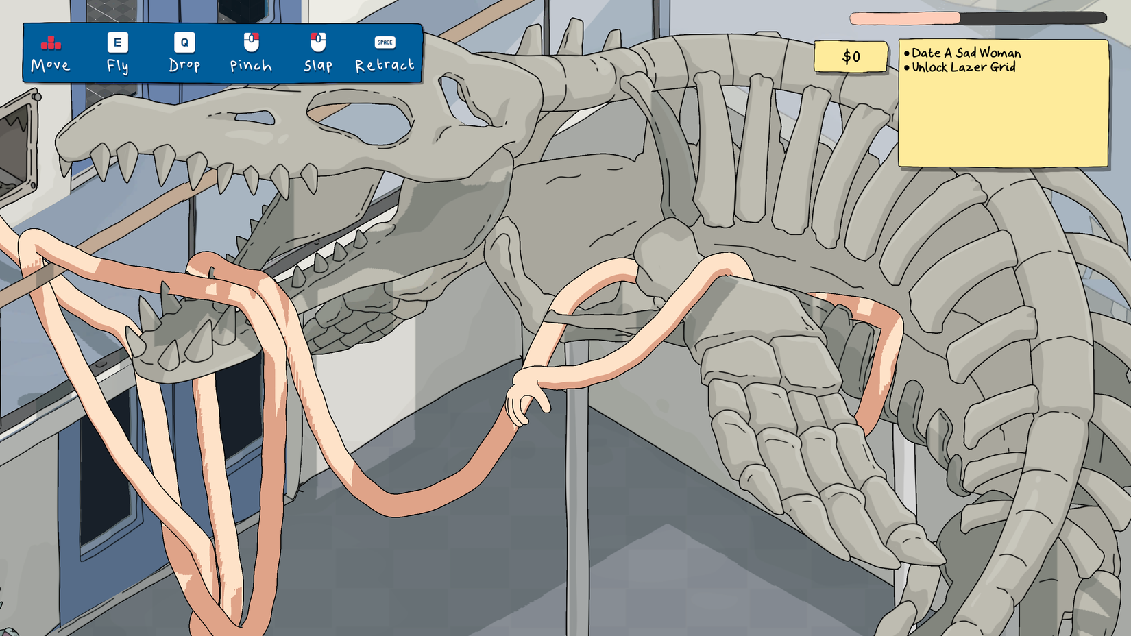An arm stretches across a dinosaur skeleton in My Arms Are Longer Now.