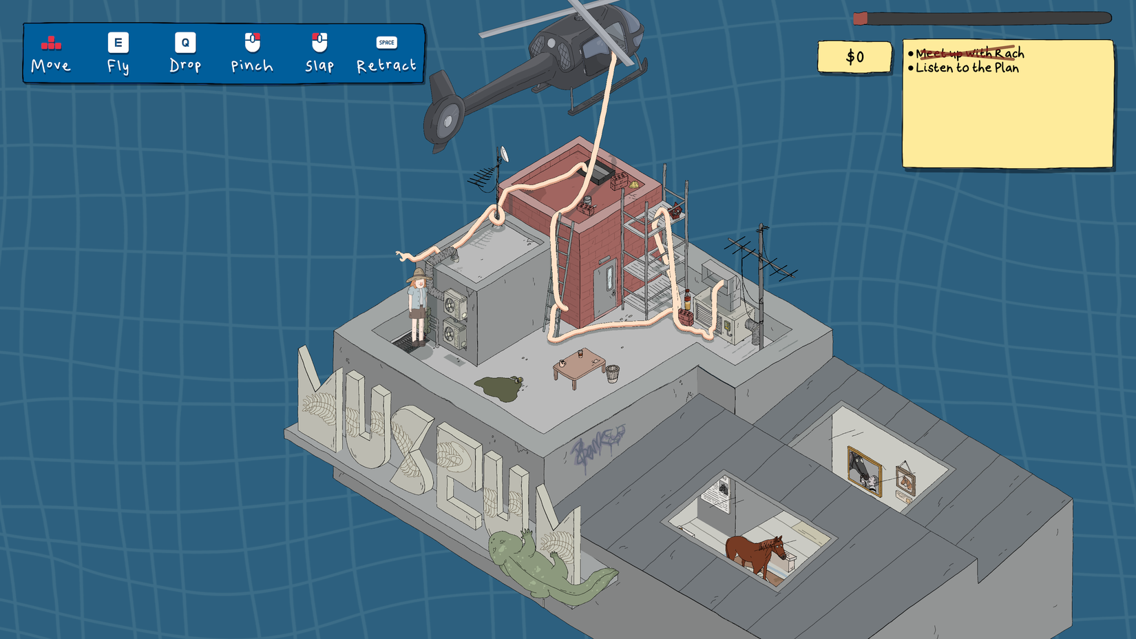 A long arm hangs out of a helicopter in My Arms Are Longer Now.