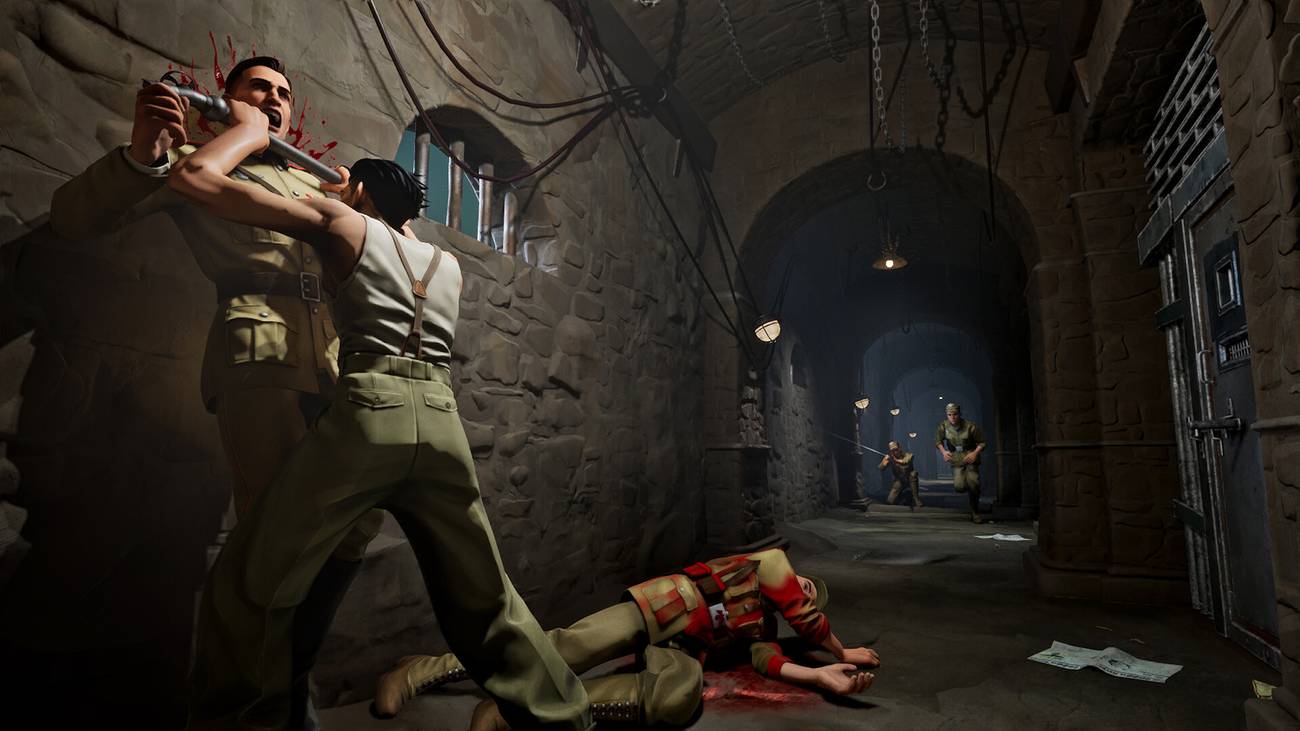 Vano engages in a brutal hallway skirmish in Nekome: Nazi Hunter.