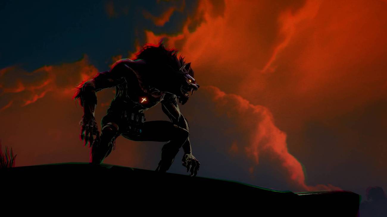 A grimspawn crouches against a blood-red horizon.