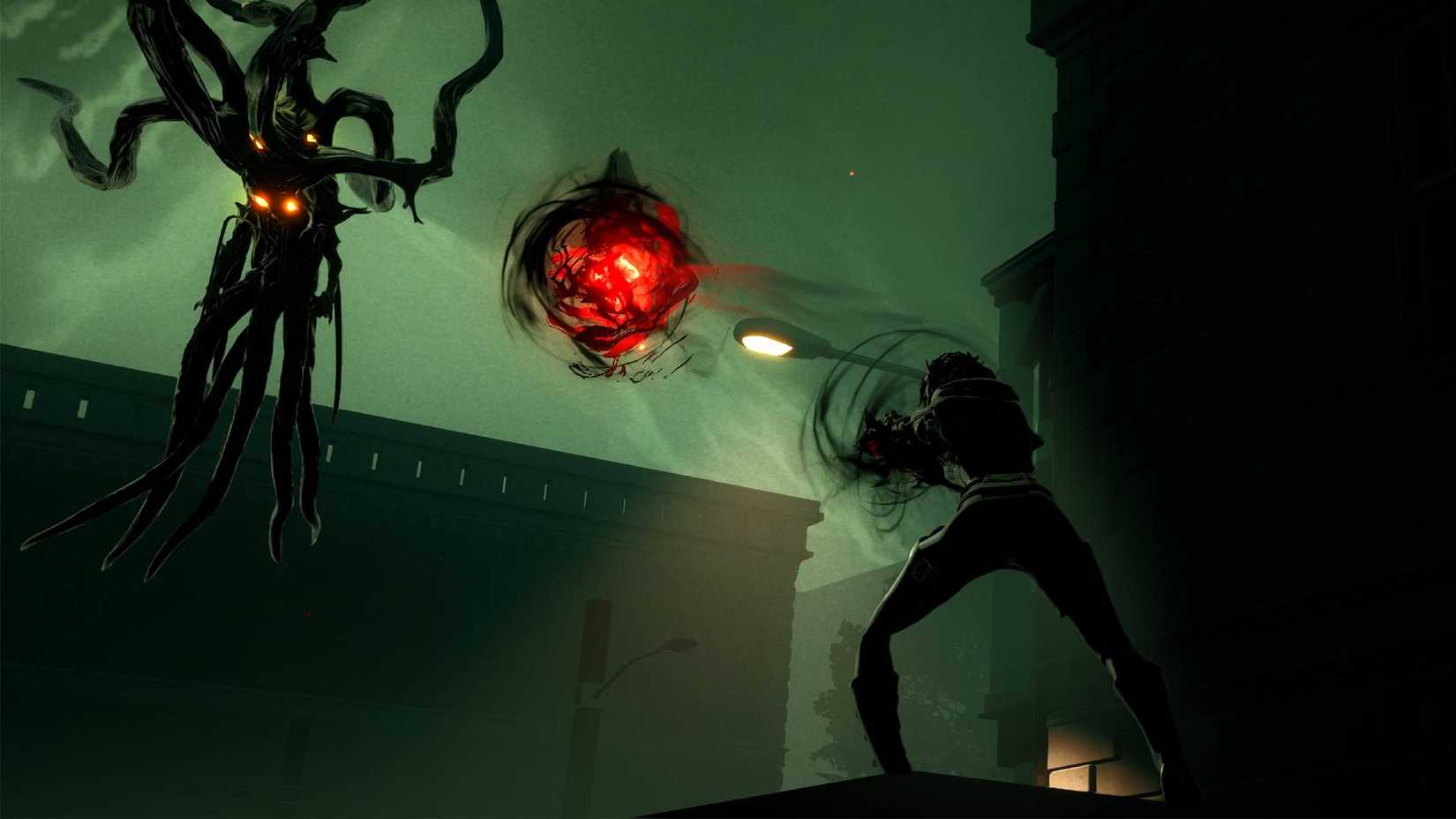 A character in Nightholme casting a ranged attack at a Void Shepherd in the sky.