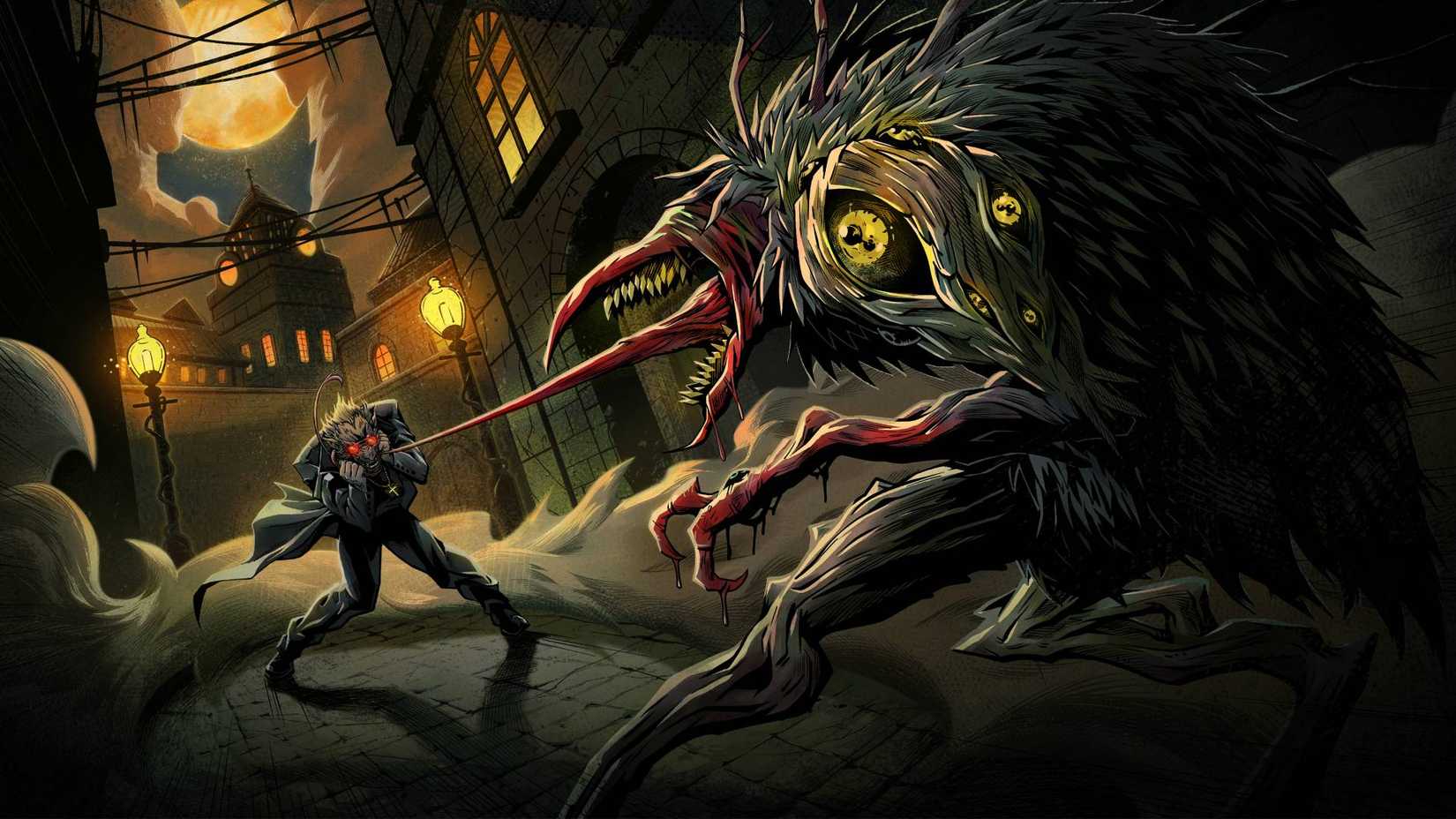 An illustration of a character in Nightholme being grabbed by the Fearmonger's tongue in an alleyway.