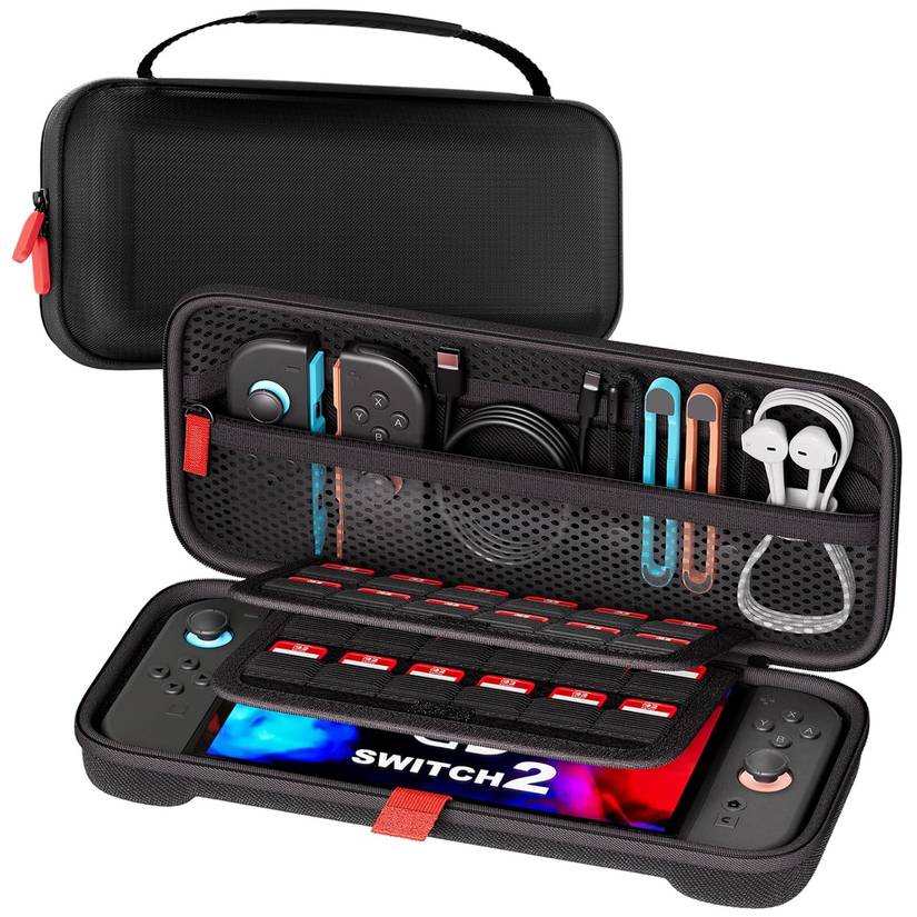 A Nintendo Switch 2 case with several accessories and games