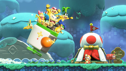 The Bowser siblings fly toward toad in Super Mario Bros Wonder DLC
