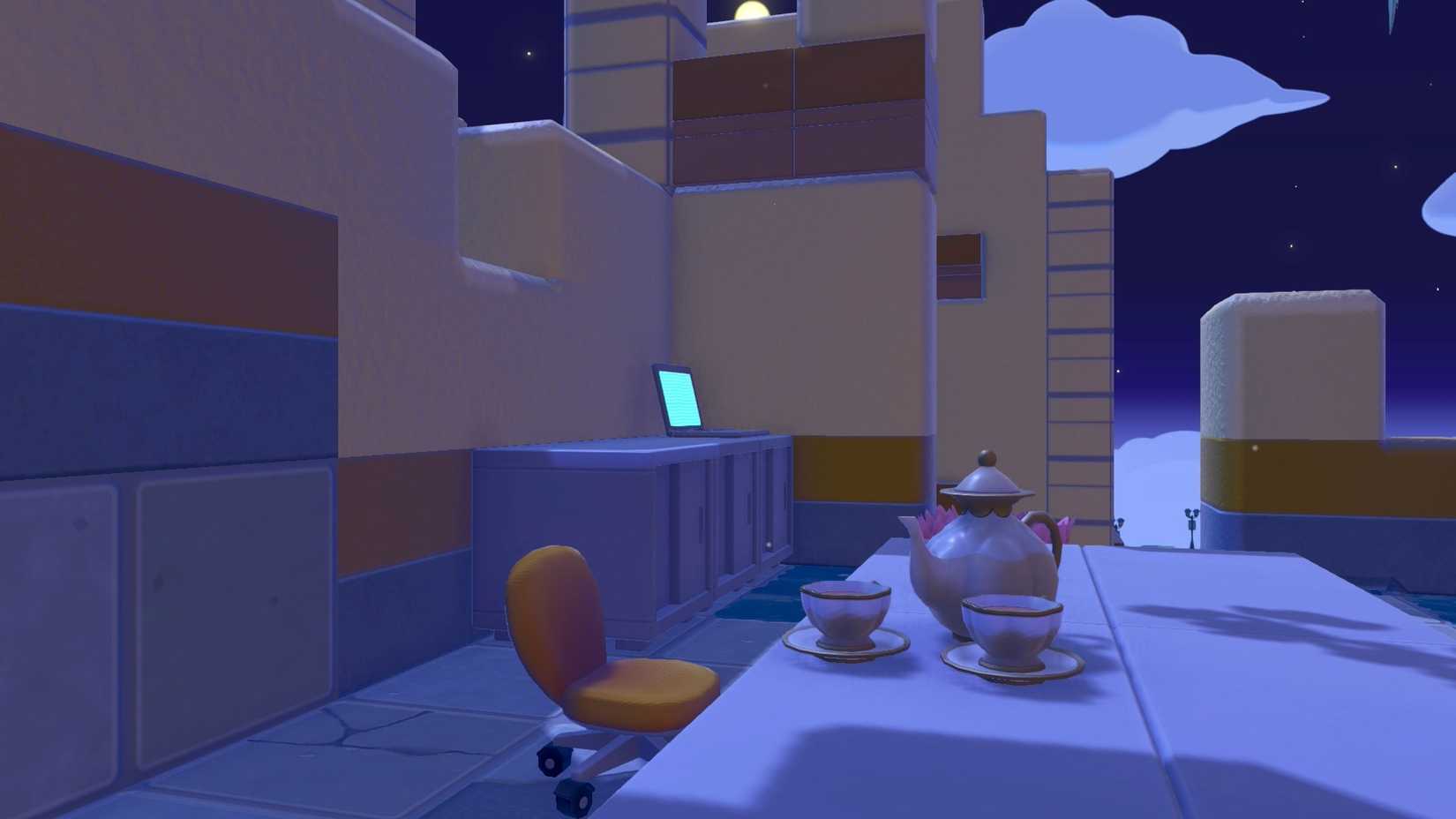 A dark broken-down room that has a desk, teapot, and laptop inside in Pokémon Pokopia