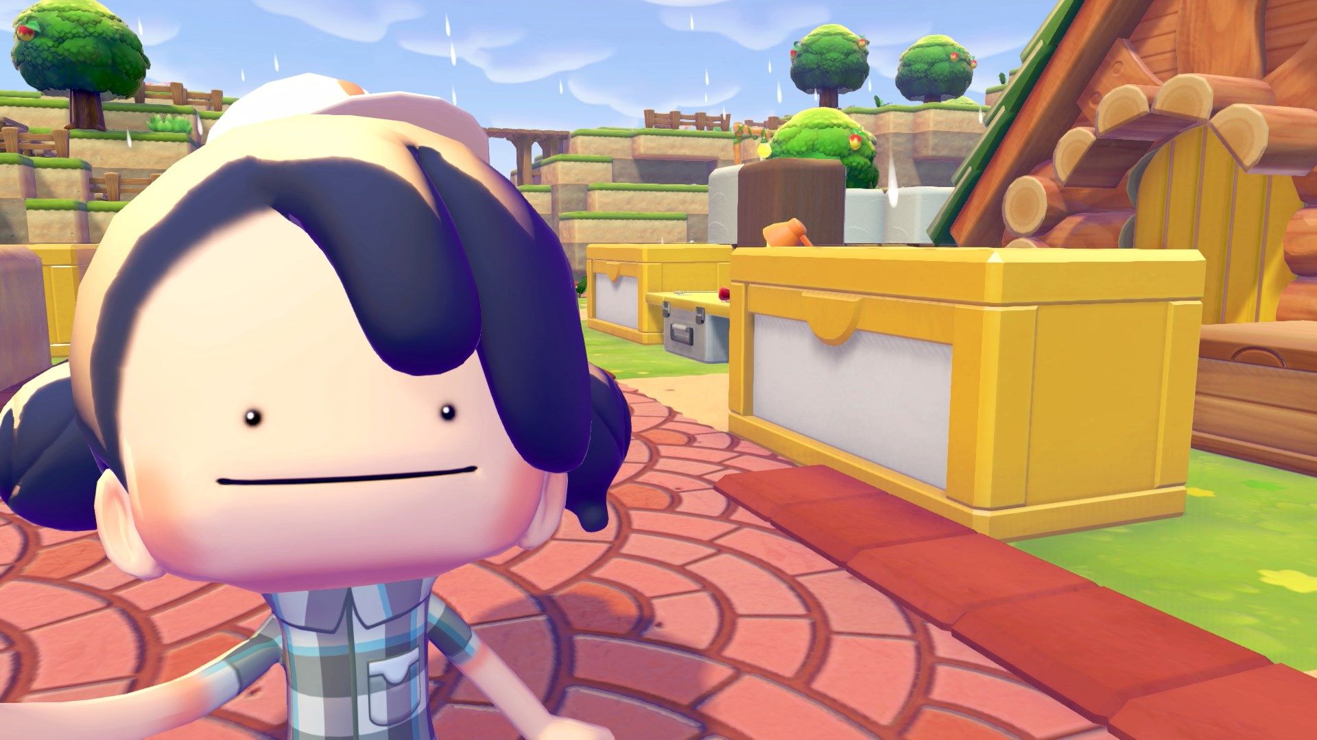 A Ditto takes a selfie in front of a big storage box in Pokopia