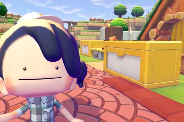 A Ditto takes a selfie in front of a big storage box in Pokopia