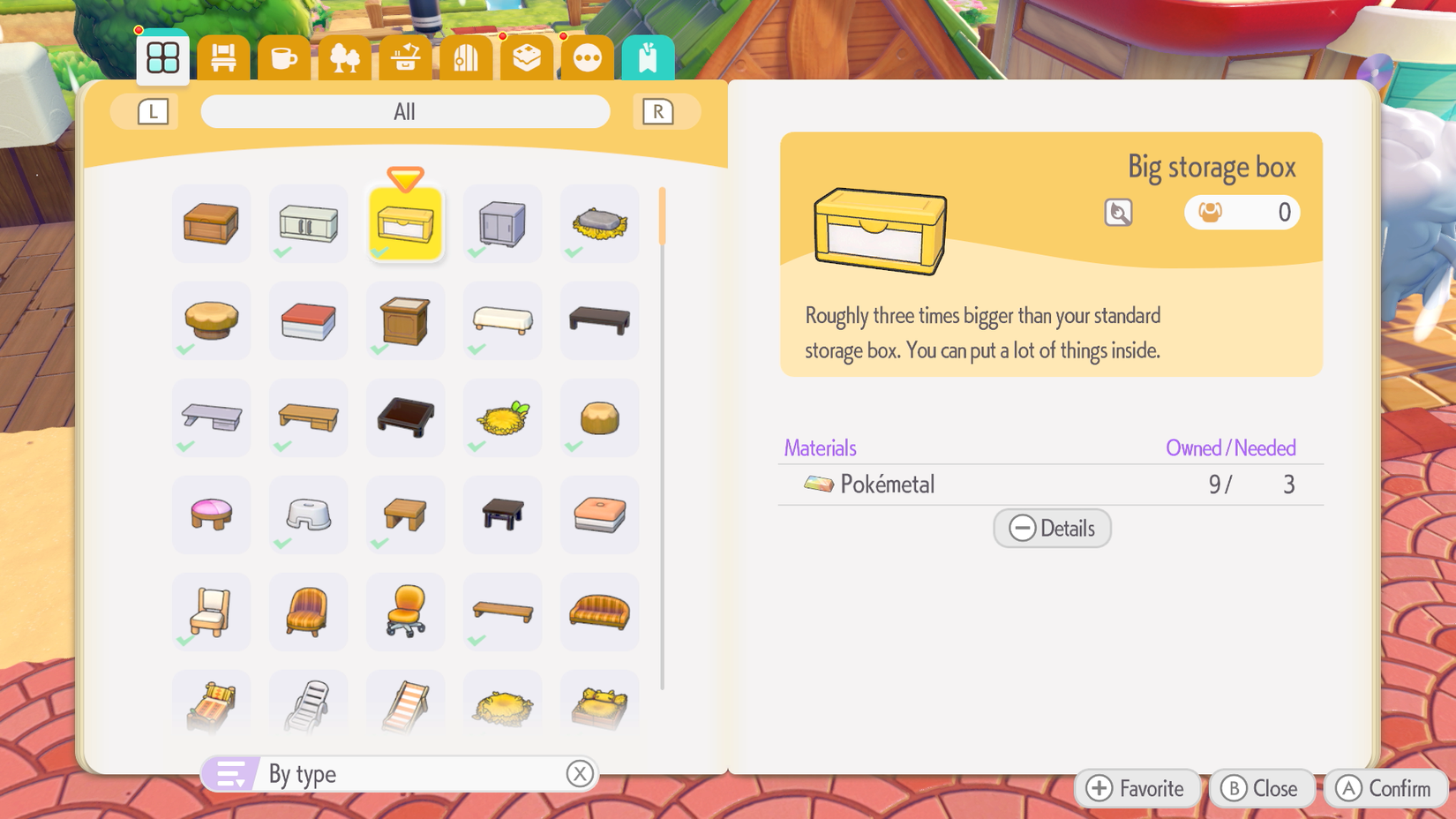 A crafting menu showing how to make a big storage box in Pokopia
