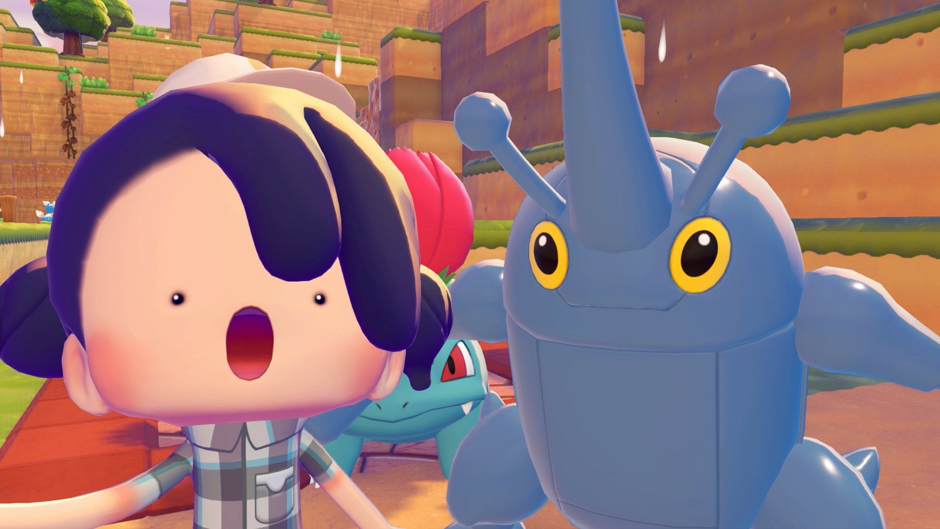 A human Ditto poses with a Heracross in Pokémon Pokopia