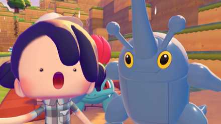 A human Ditto poses with a Heracross in Pokémon Pokopia
