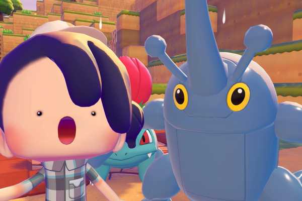 A human Ditto poses with a Heracross in Pokémon Pokopia