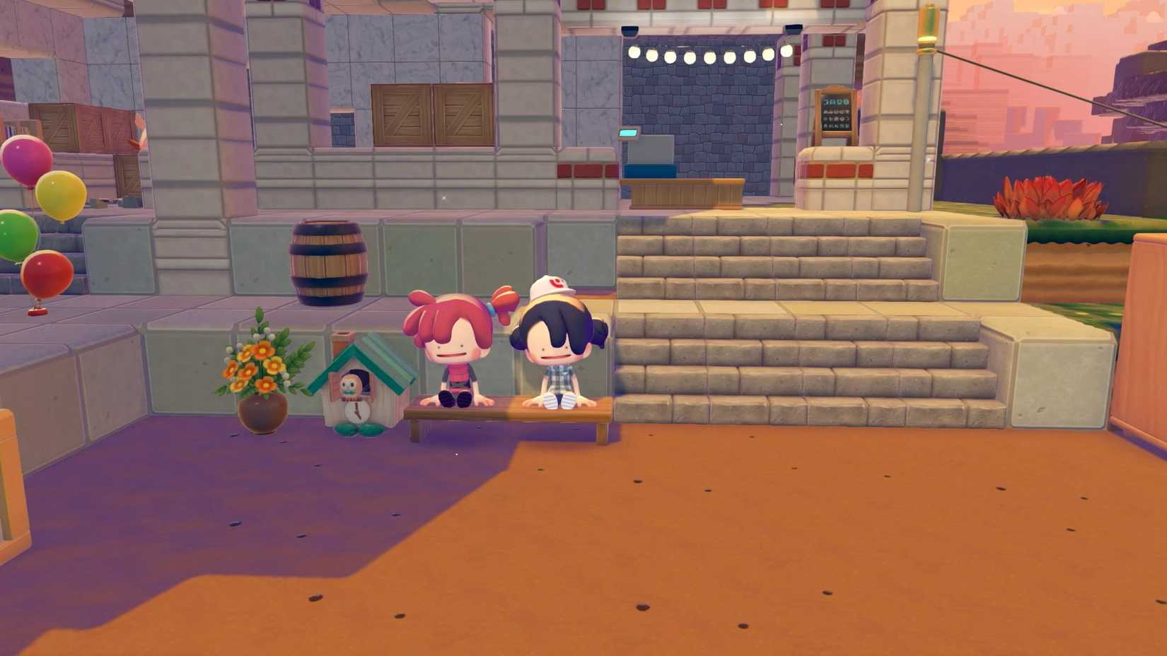 Two Ditto sit on a bench next to a Rowlet clock in Pokopia