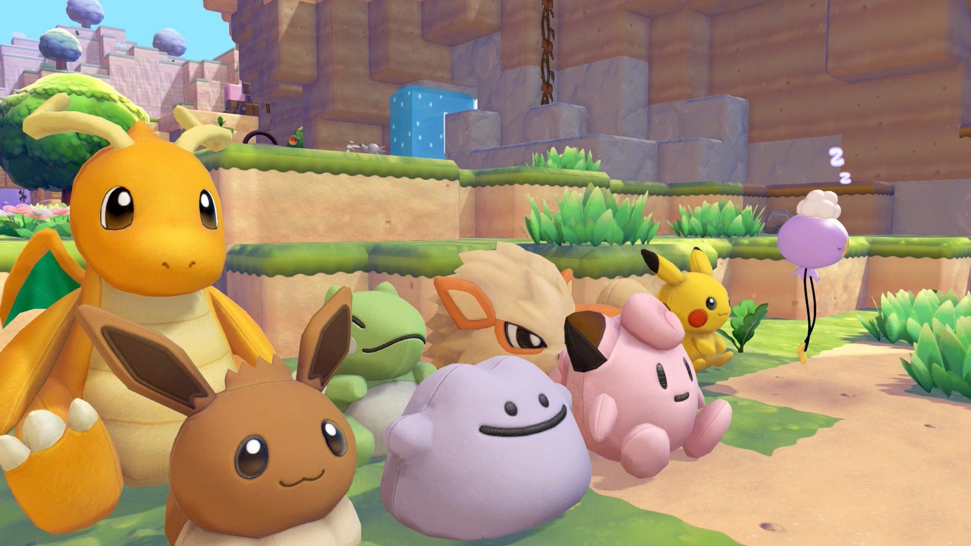 A Drifloon sleeps next to a pile of Pokémon dolls in Pokopia