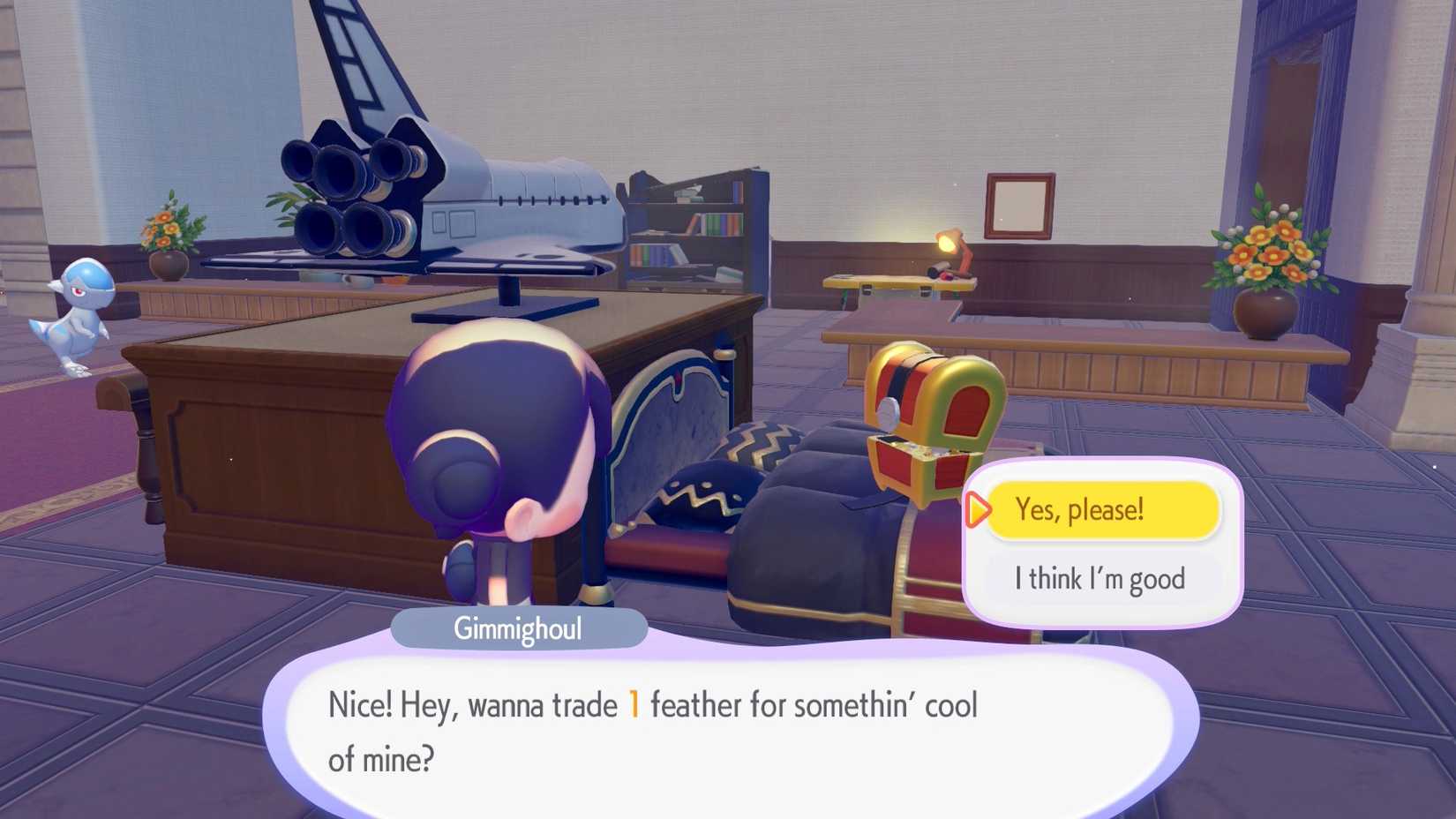 Gimmighoul offers to trade a feather for something "cool" in Pokopia