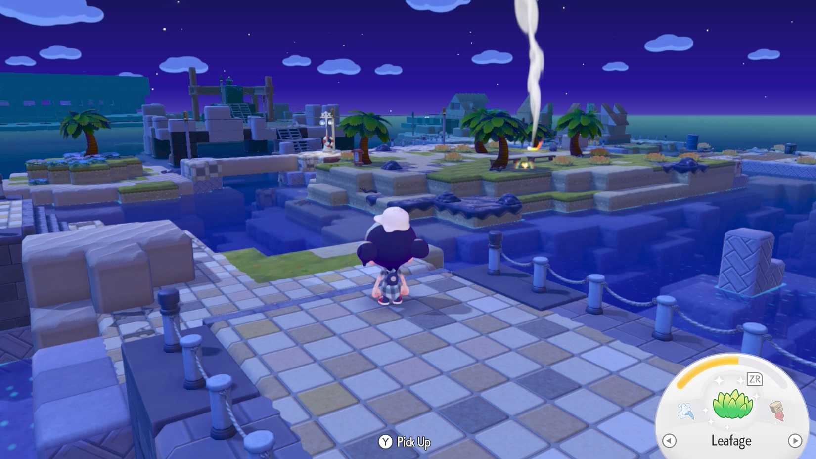 A steaming Rainbow Feather sits on an island in the distance in Pokopia