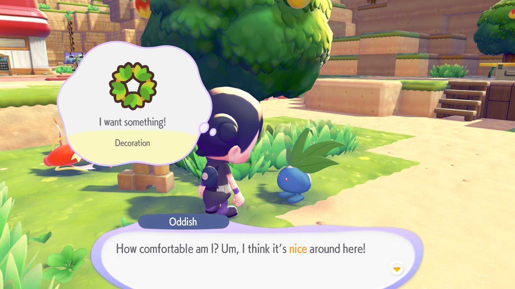 An Oddish notes that it wants a decoration for its home in Pokopia