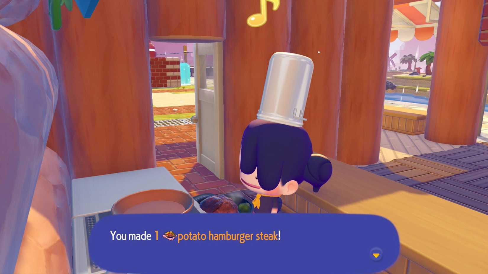 A chef Ditto cooks a potato hamburger steak in Pokopia