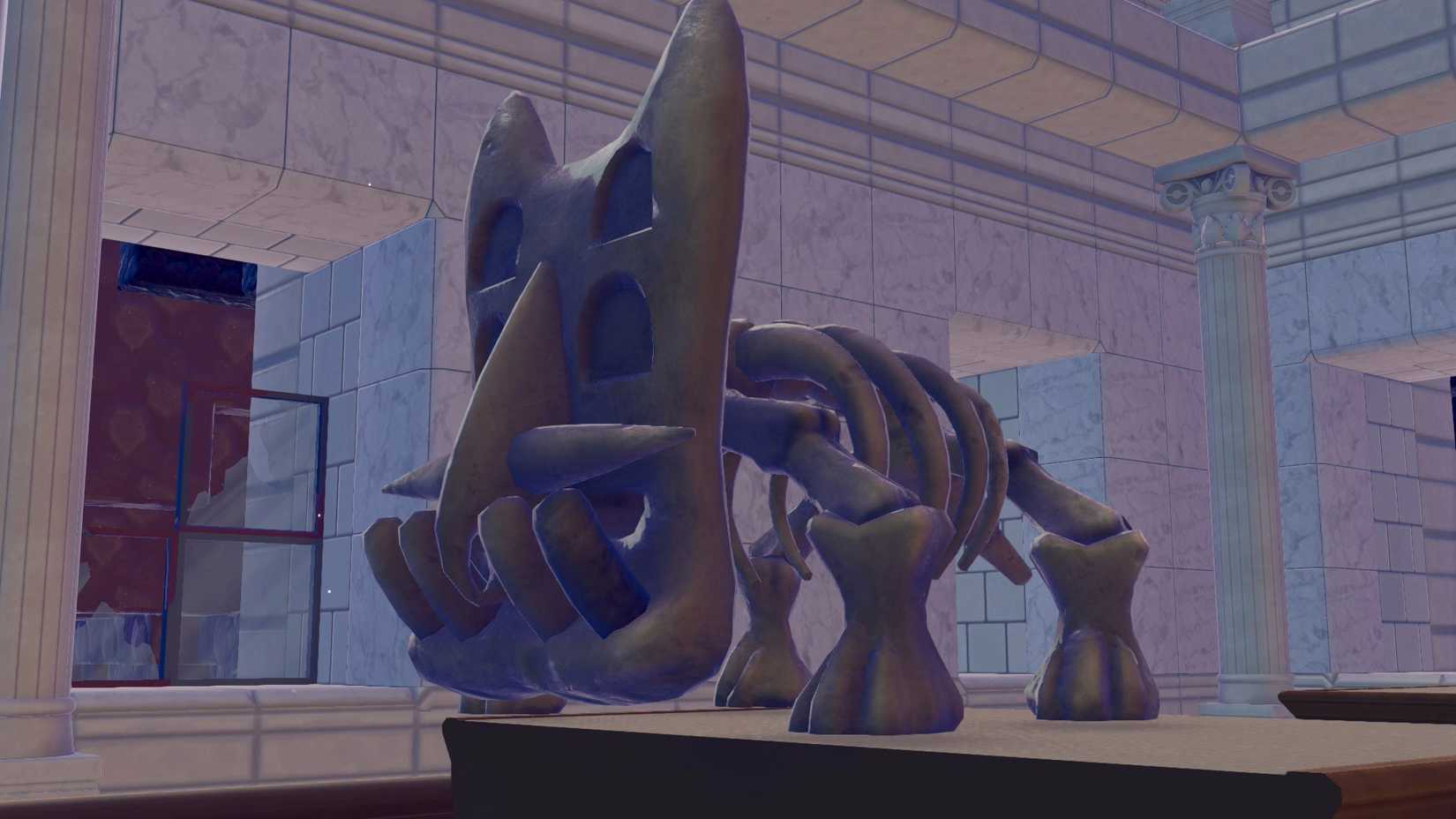 A completed fossil set, showing a Bastiodon skeleton in Pokopia.