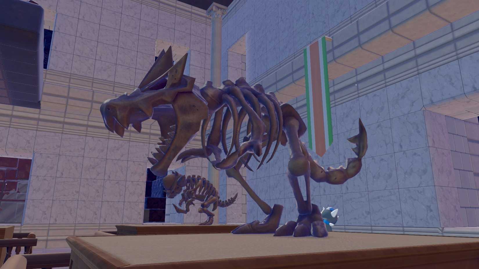 A completed fossil, showing Tyrantrum's skeletal body in Pokopia