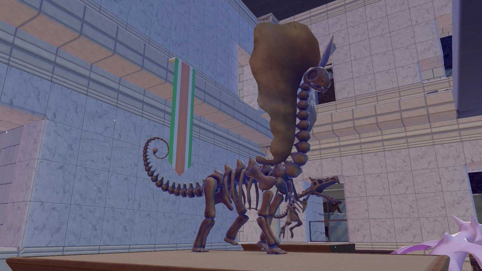 A completed Aurorus fossil set, showing the Pokémon's skeleton in Pokopia