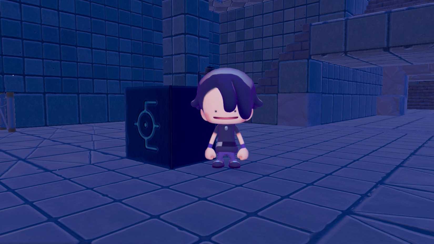 A Ditto stands next to a mysterious slate with Unown E carved into the back in Pokopia