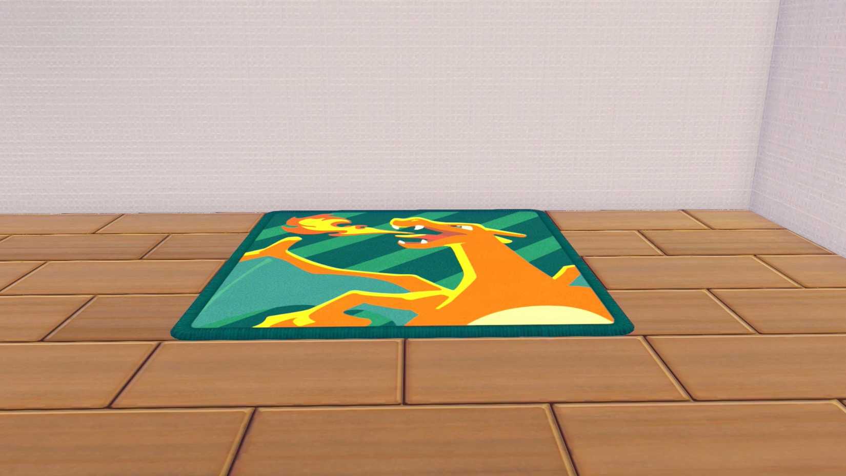 A green square rug with an image of a charizard blasting fire in Pokopia