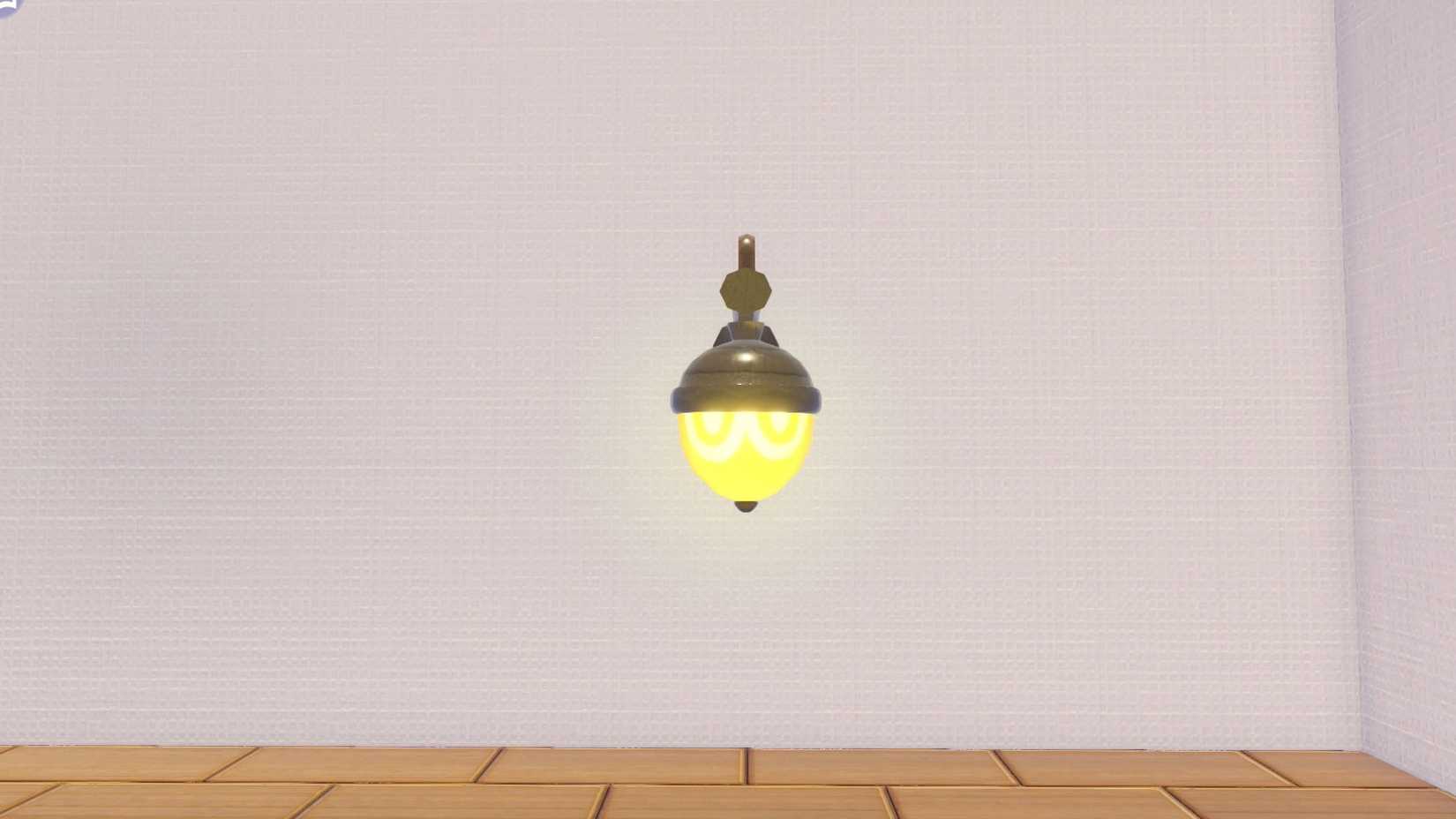A lit wall lamp that looks like Seedot, the acorn Pokémon, in Pokopia.