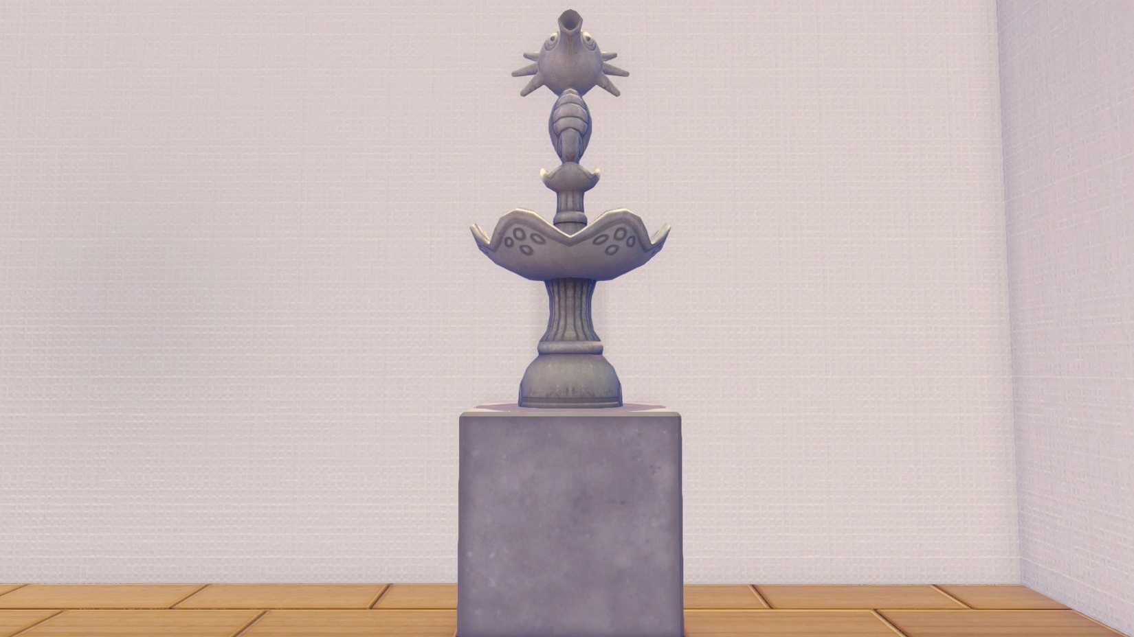 A stone fountain with a Horsea at the top in Pokopia.