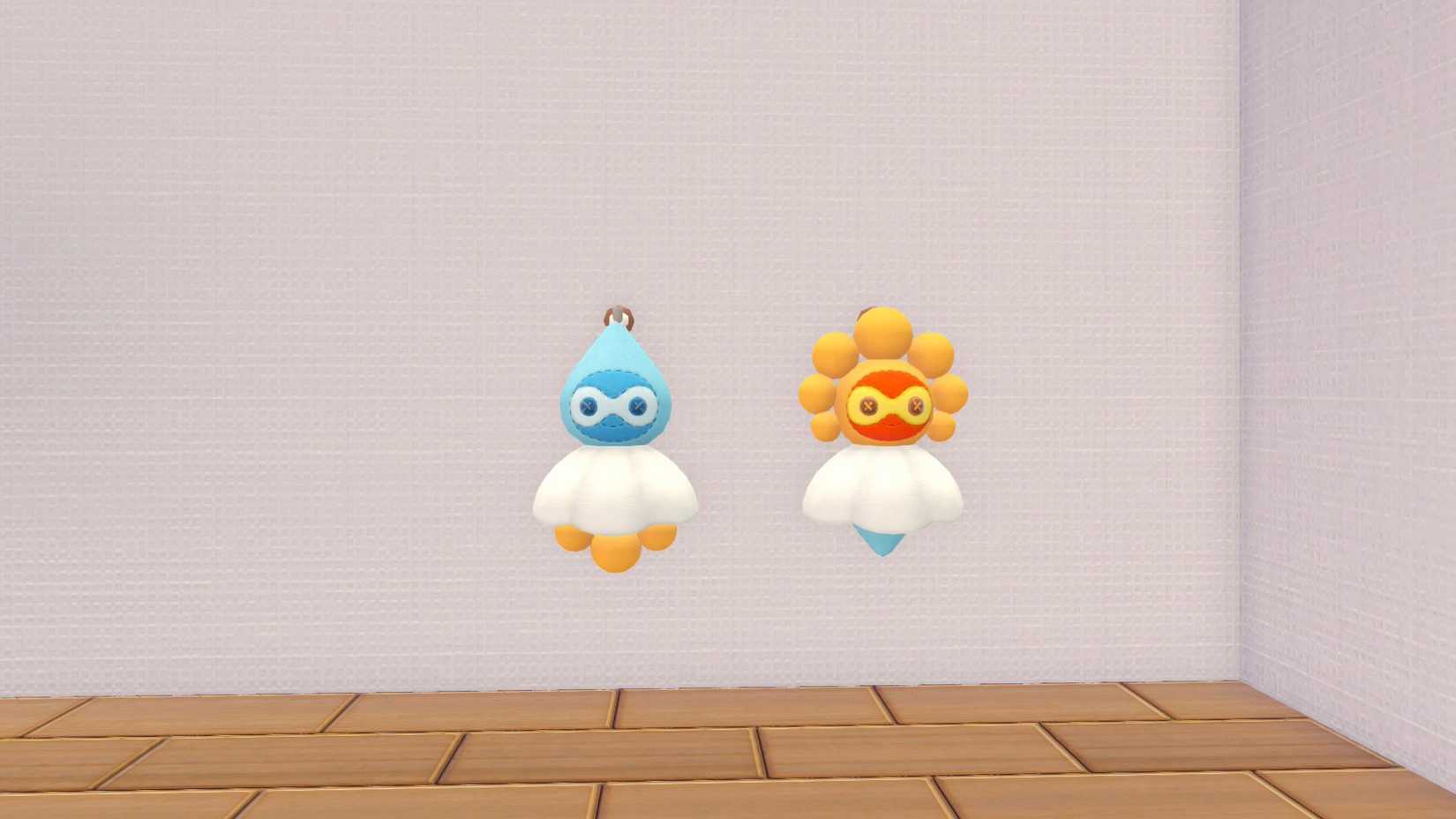 Two Castform charms, one flipped to rainy and the other flipped to sunny in Pokopia.