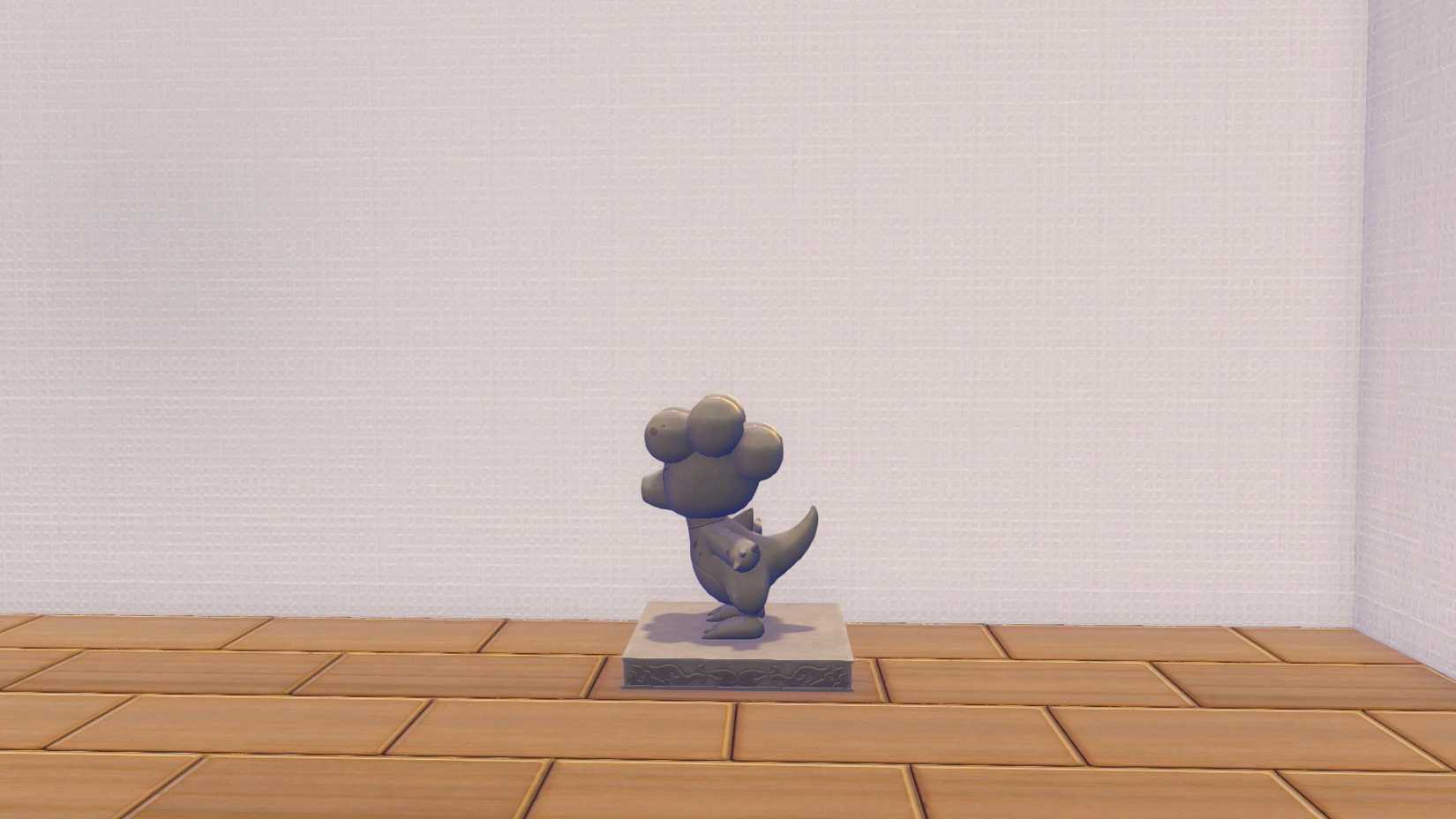 A stone Magby statue, posed to blow fire out of its mouth in Pokopia.