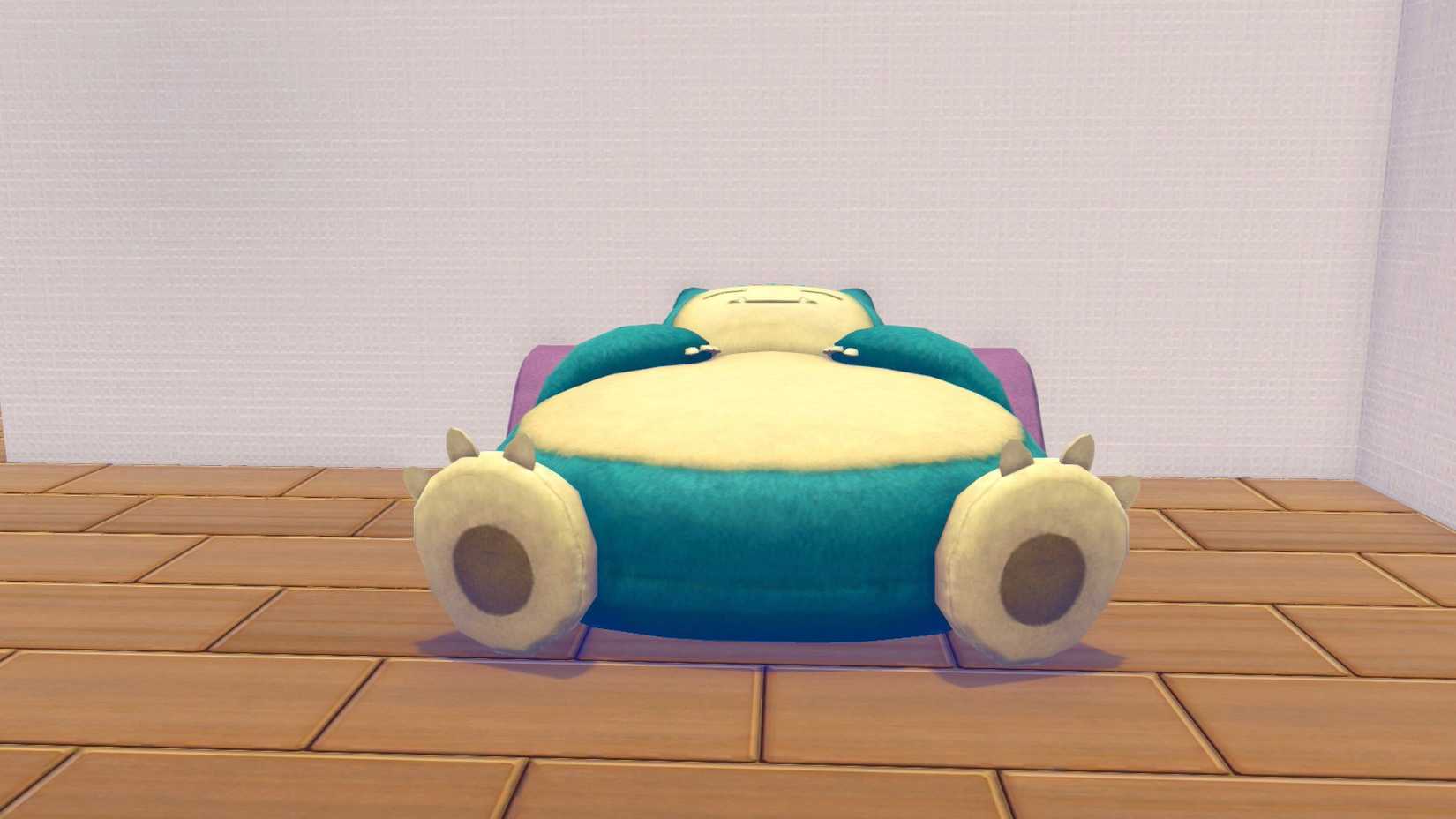 A bed that looks like a Snorlax relaxing against a purple cushion in Pokopia.