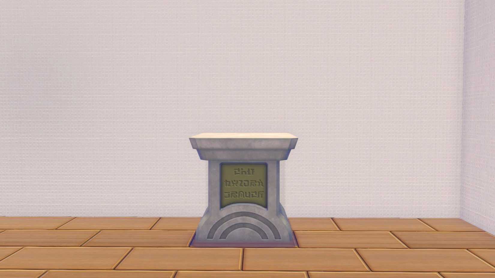 A stone pedestal with some writing on the front in Pokopia