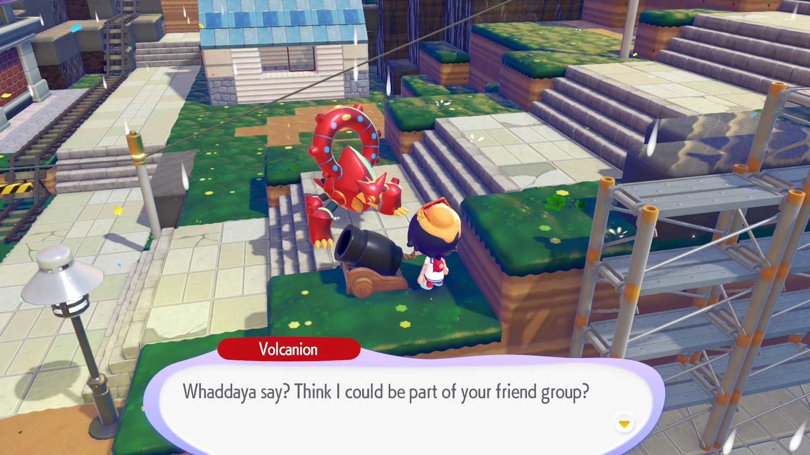 Volcanion talks to the player Ditto asking to join the party in Pokopia.