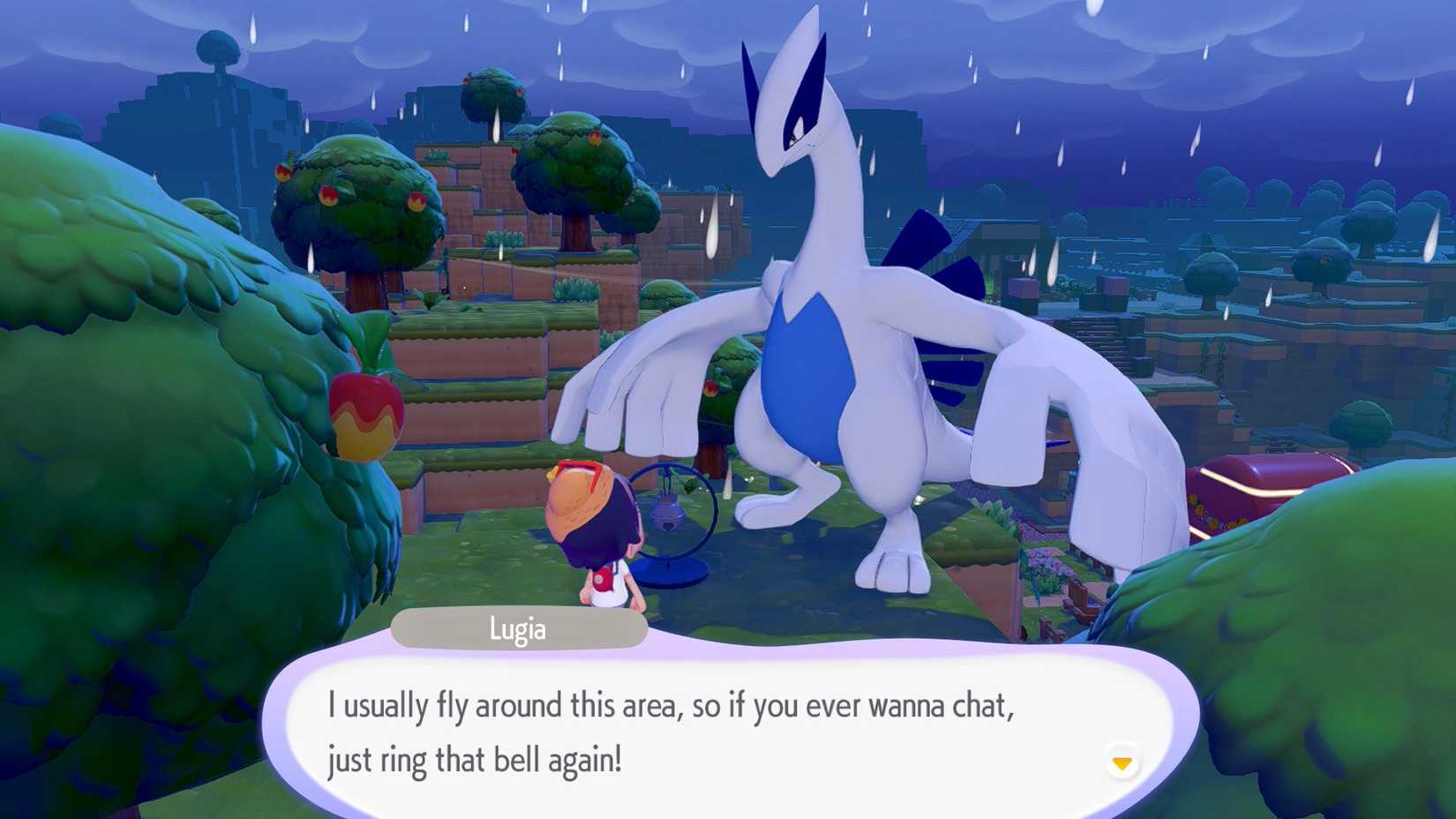 A player speaks to a Lugia in Pokopia