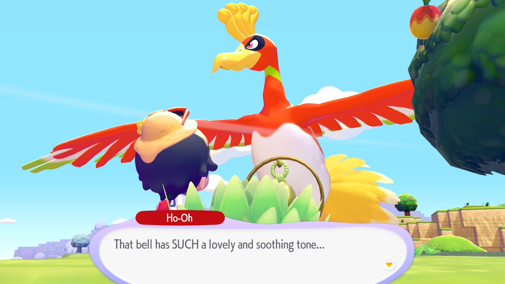 A Ho-oh talks to a player about the sounds of a nice bell in Pokopia.