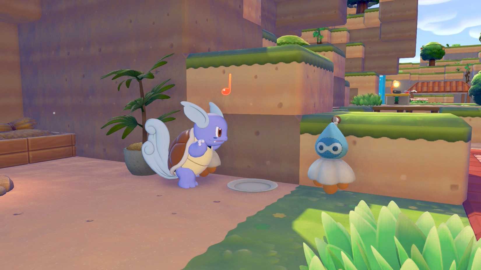 A Wartortle performs Rain Dance near some Castform dolls in Pokopia