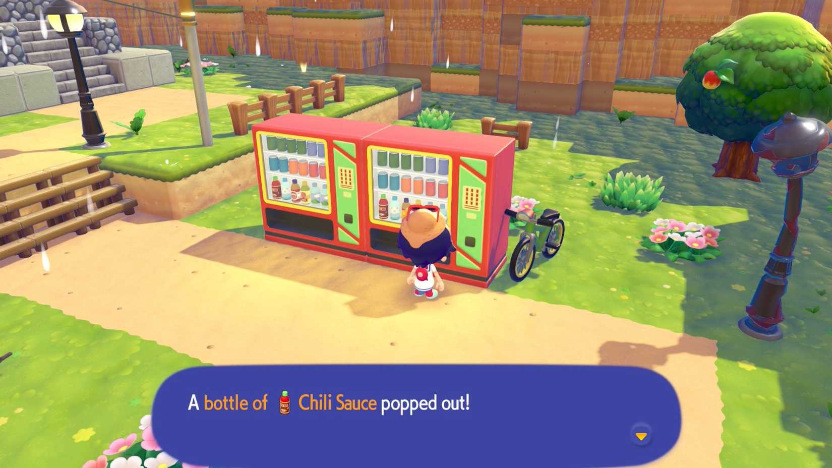 Two vending machines, one giving a Ditto some chili sauce in Pokopia