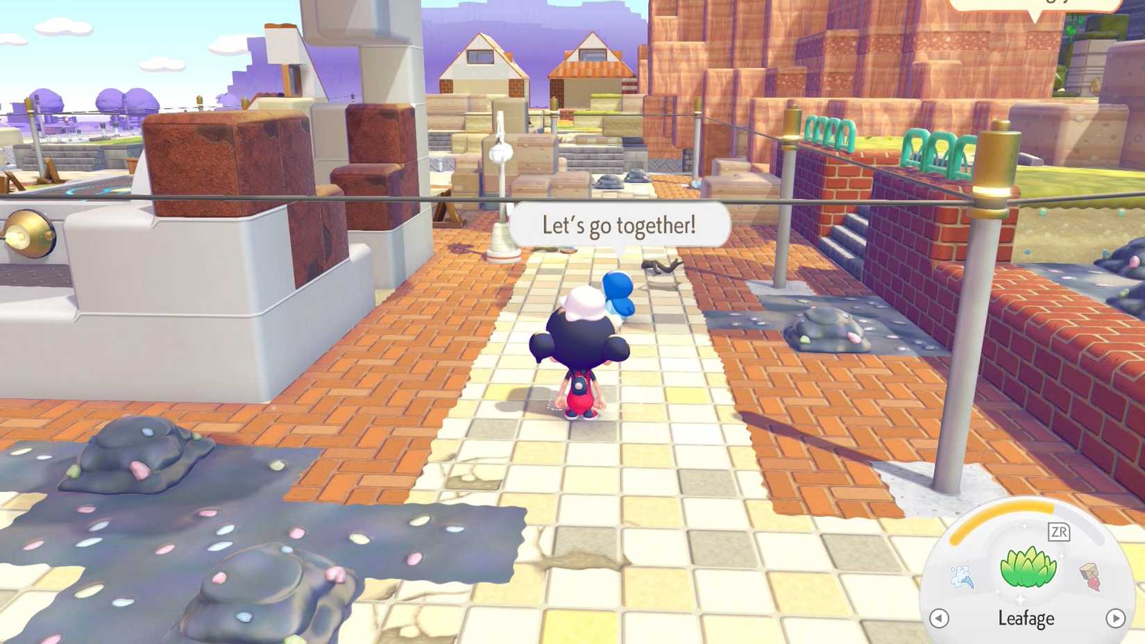 Piplup says "Let's go together!" in Pokopia.