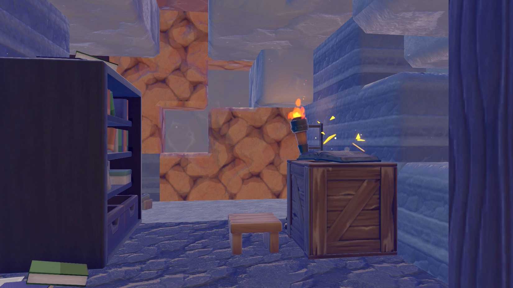 A bookshelf, box, and book in a cave in Pokopia