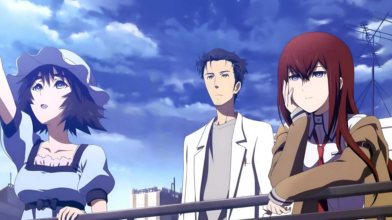 Three teenagers, Okabe, Mayuri, and Kurisu, stand against a raining and look up in Steins;Gate