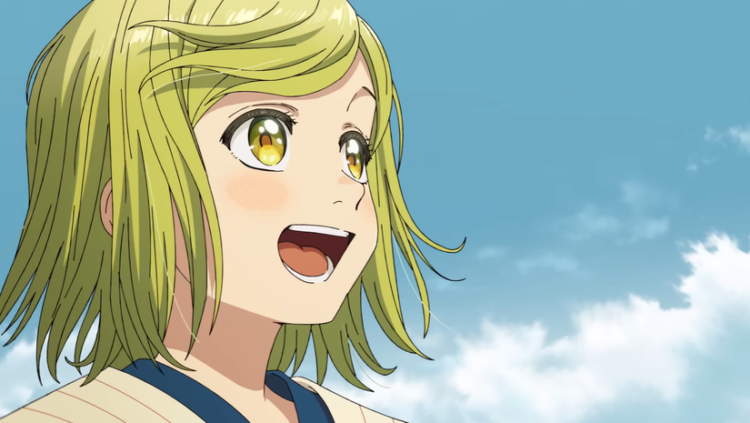 A child looks happy and hopeful as she looks up at the sky in Witch Hat Atelier