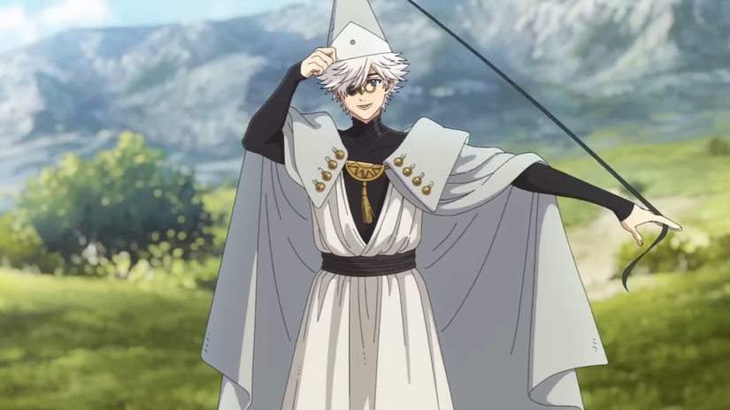 A man man wearing a witch's cloak holds up his pointed hat in Witch Hat Atelier