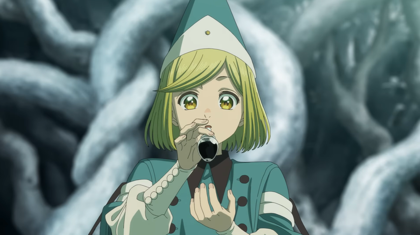 A young child in witch attire holds up a dark potion in Witch Hat Atelier