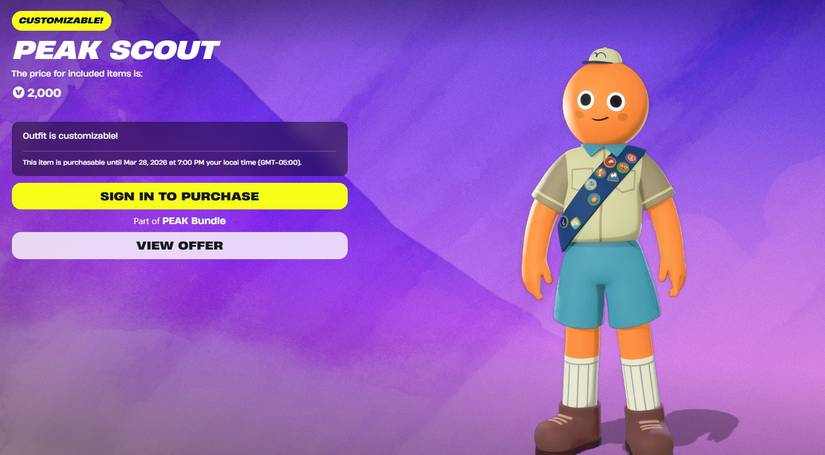 A preview of one of the options for Fortnite's Peak costume collaboration, which lets fans dress up like the scouts in the popular climbing game. 