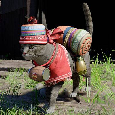 A cat wearing a linen outfit with a blanket on its back and a small keg hanging around its neck in Crimson Desert.