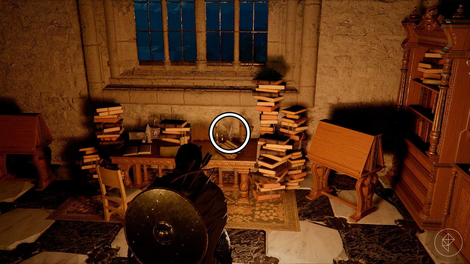 A feathered pen found on a table surrounded by piles of books in Crimson Desert.